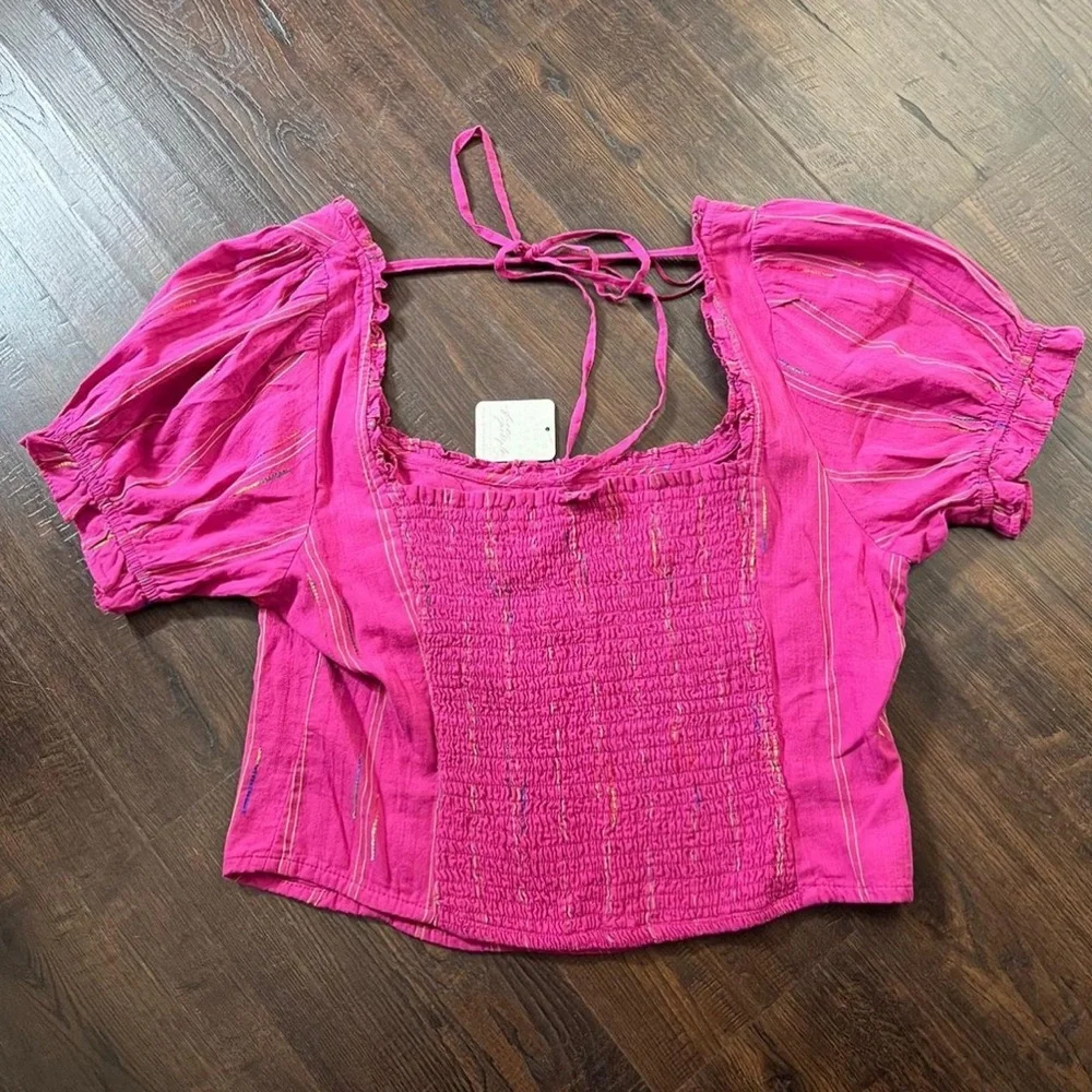 Free People “Serotonin” Fuchsia Puff Sleeve Blouse